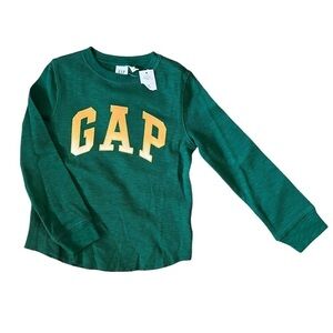 GAP Kids green waffle knit long sleeve shirt with golden yellow ombré Gap logo